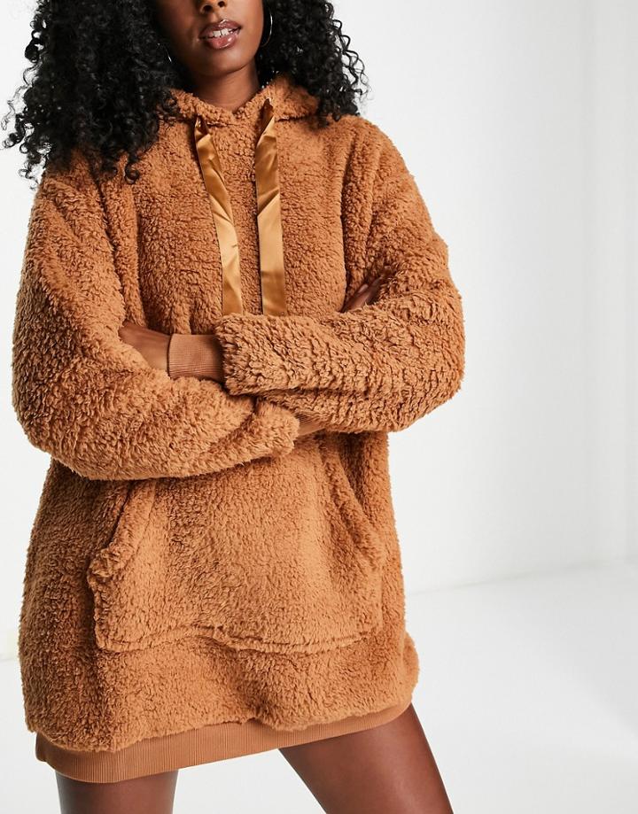 Threadbare Lounge Bell Hoodie Dress In Tan Teddy-neutral