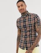 Asos Design Short Sleeve Stretch Skinny Fit Check Shirt In Navy And Yellow - Navy