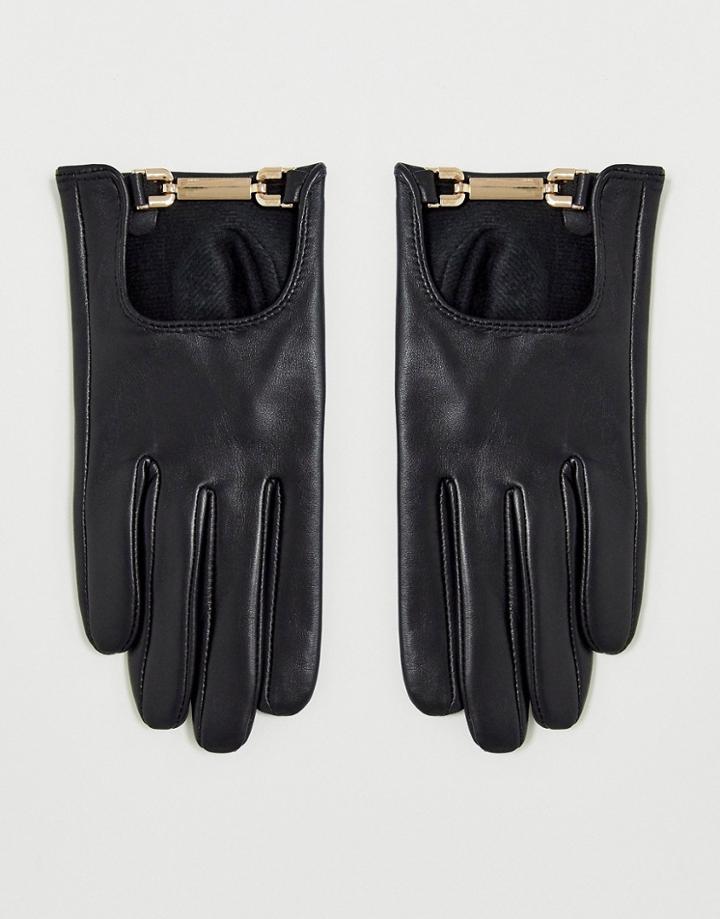 Asos Design Leather Gloves With Gold Snaffle Hardware With Touch Screen In Black
