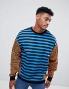 Asos Design Oversized Sweatshirt With Contrast Colour Blocking Stripes - Blue