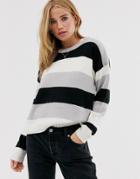 Brave Soul Grunge Round Neck Sweater In Color Block Stripe - Gray