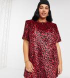 Asos Design Curve Padded Shoulder Short Sleeve T-shirt Mini Dress In Red Velvet Leopard Print