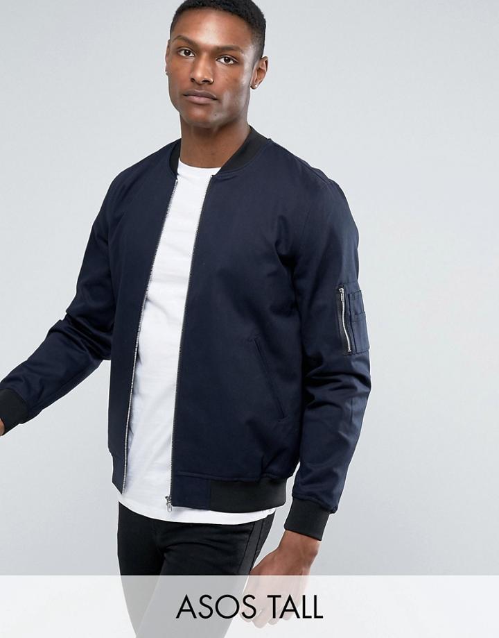 Asos Tall Bomber Jacket With Sleeve Zip In Navy - Navy