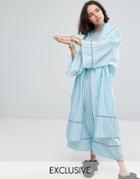 Reclaimed Vintage Inspired Striped Longline Kimono With Piping & Belt - Blue