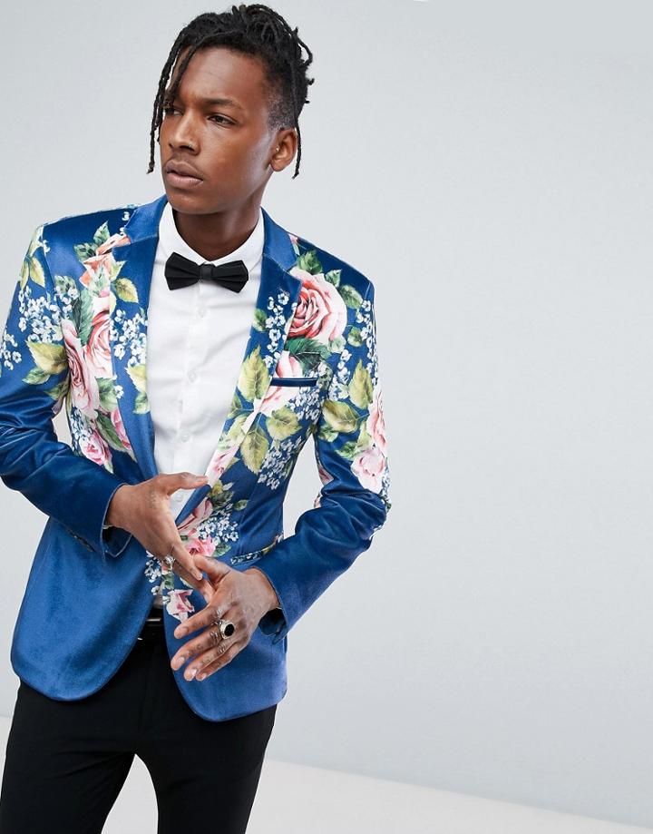 Asos Super Skinny Suit Jacket In Velvet With Teal Floral Print - Blue