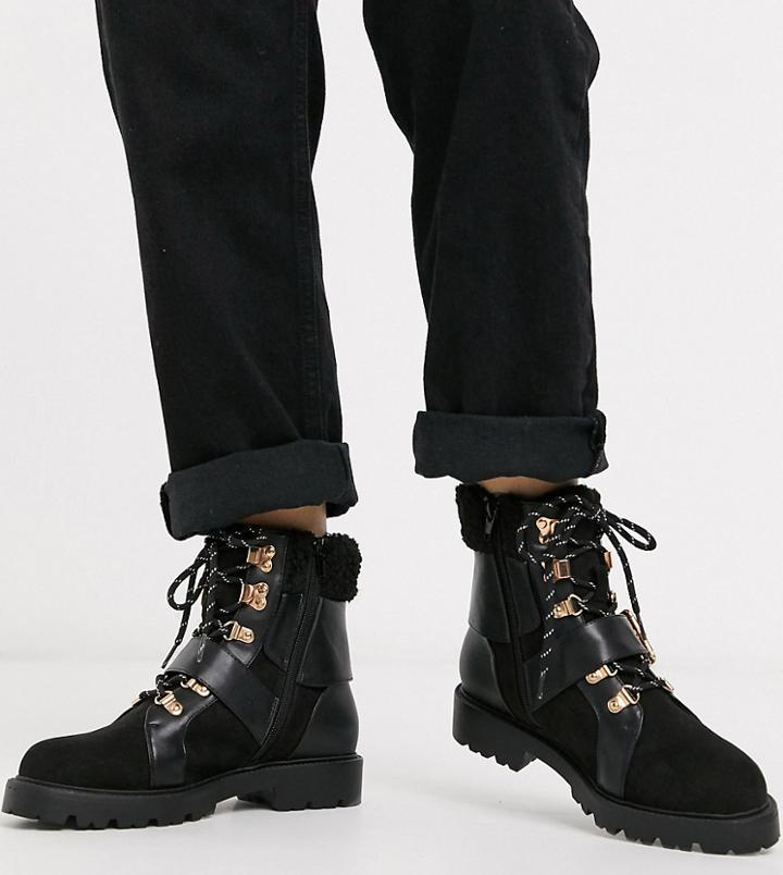 Asos Design Wide Fit Belle Faux Fur Lace Up Boots In Black