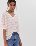 Asos Design Linen Mix T-shirt With V-neck In Stripe - Multi