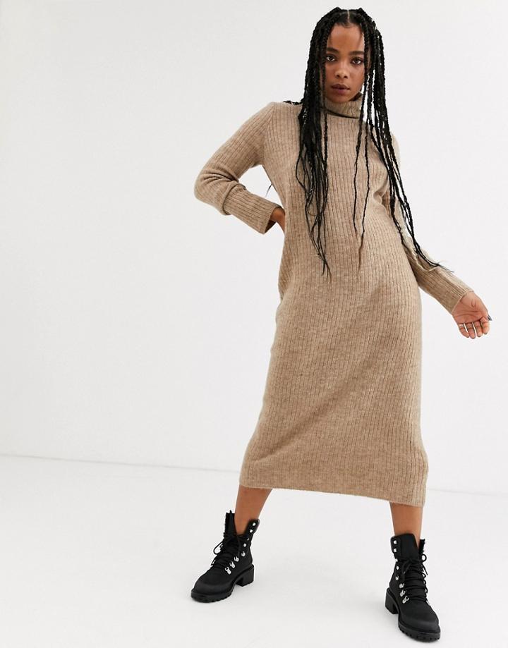 Bershka Roll Neck Sweater Dress In Camel-beige