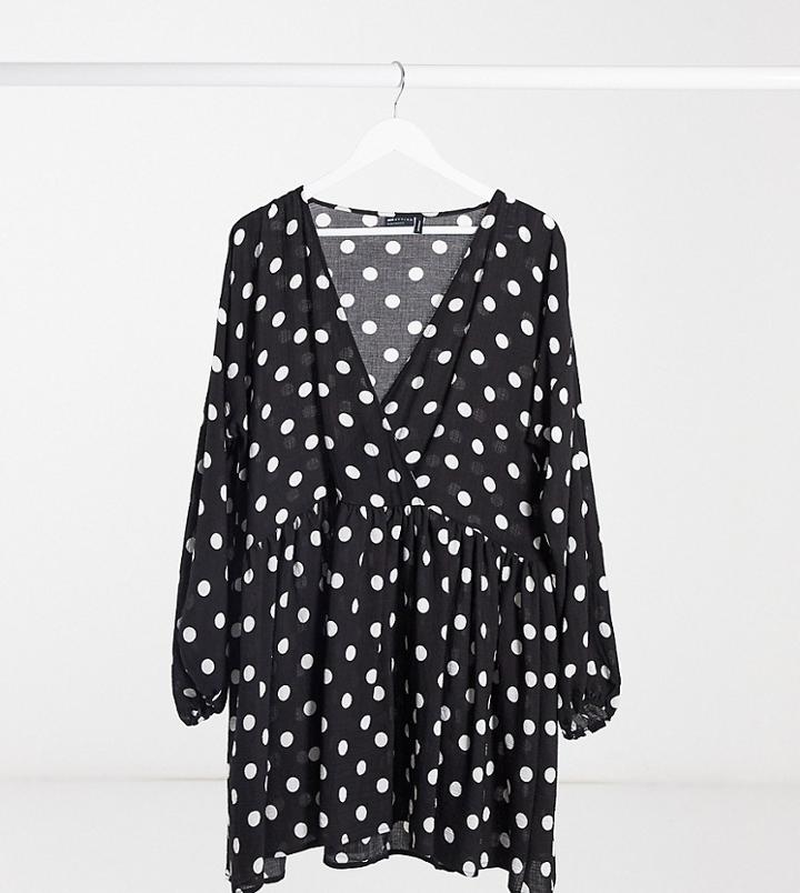 Asos Design Tall Casual Wrap Front Mini Smock Dress In Mono Spot-multi