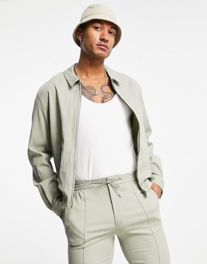 Asos Design Smart Harrington Jacket In Sage Green Crinkle - Part Of A Set