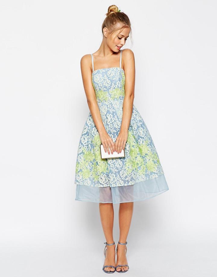 Asos Salon Premium Placed Lace And Applique Prom Dress With Organza Hem - Blue