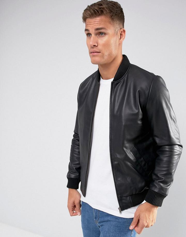 Asos Design Leather Bomber Jacket In Black - Black