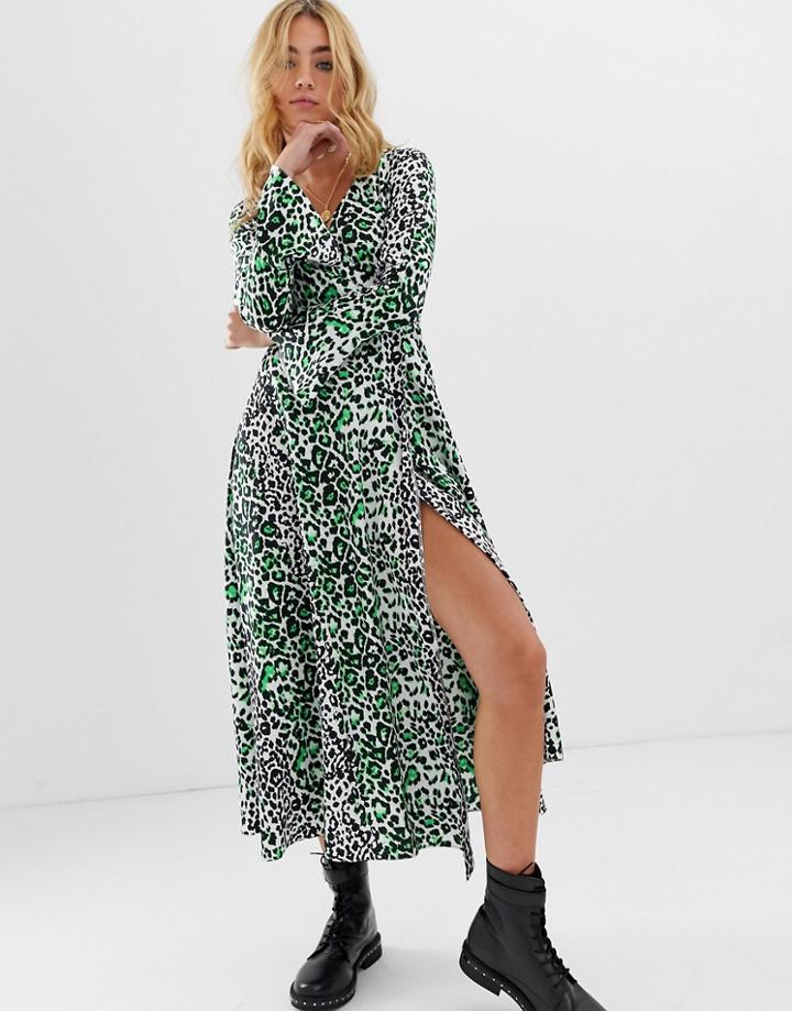 Asos Design Wrap Maxi Dress In Neon Leopard Print - Multi