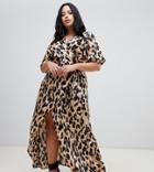 John Zack Plus Wrap Front Cap Sleeve Maxi Dress With Thigh Split In Leopard Print - Multi