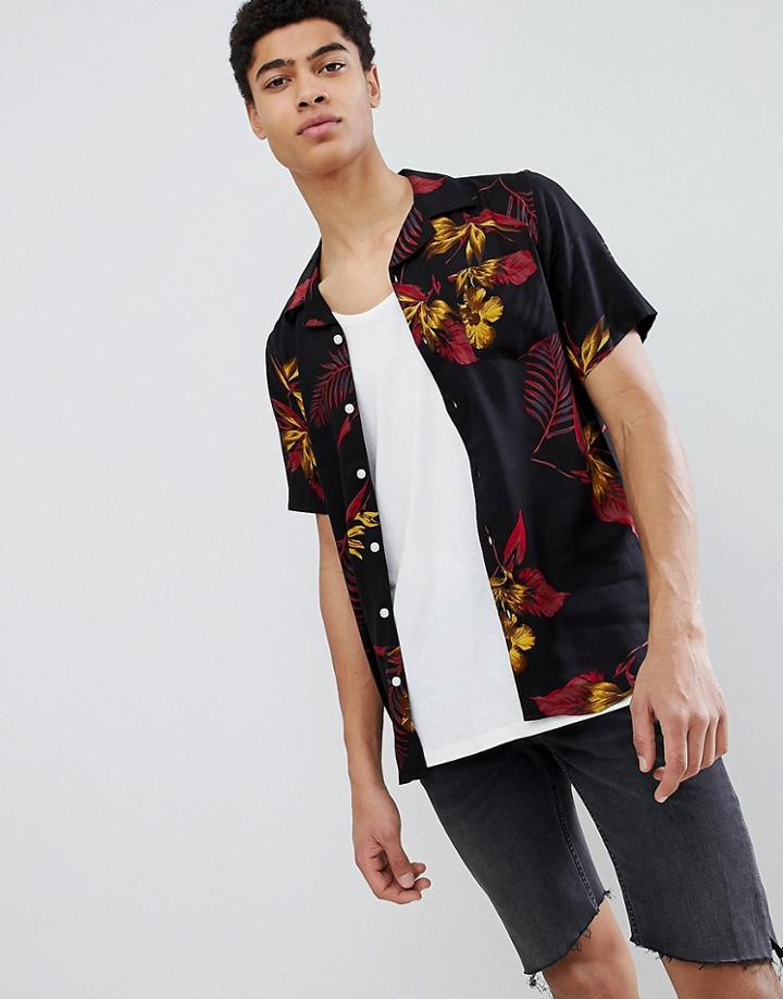 Only & Sons Short Sleeve Shirt With Print And Revere Collar - Black