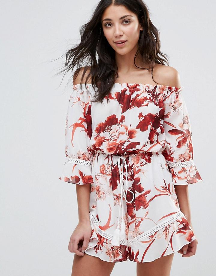 Love & Other Things Off The Shoulder Floral Print Romper - Red