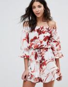 Love & Other Things Off The Shoulder Floral Print Romper - Red