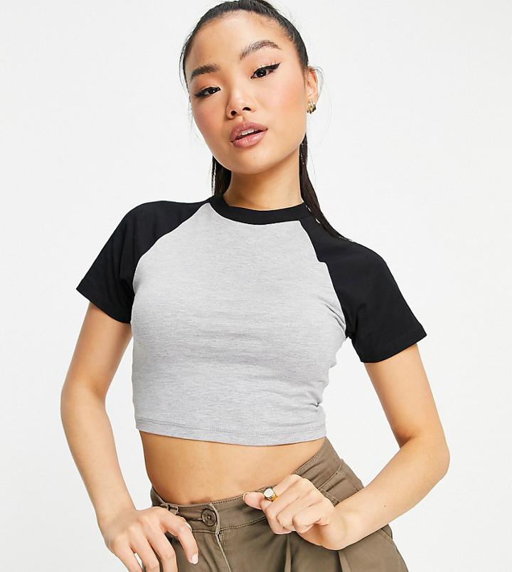 Asos Design Petite Fitted Crop Top With Contrast Raglan Sleeve In Gray And Black-multi