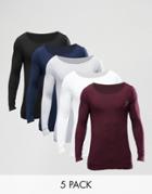 Asos Extreme Muscle Long Sleeve T-shirt With Boat Neck 5 Pack Save 23% - Multi
