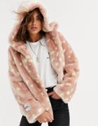Jakke Relaxed Crop Jacket With Hood In Faux Fur Fawn Print - Pink