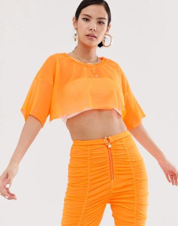 Zya Sheer Mesh Cropped Top-orange