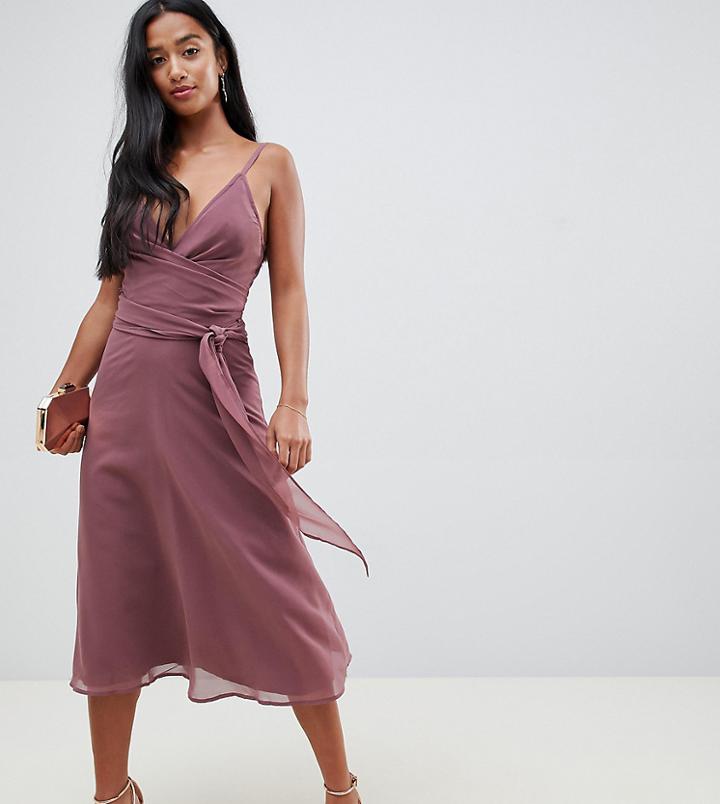 Asos Design Petite Cami Wrap Tie Midi Dress With Tie Waist - Pink