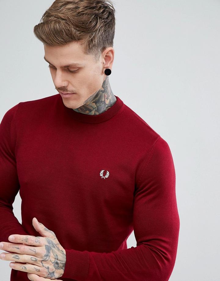 Fred Perry Crew Neck Cotton Sweater In Burgundy - Red