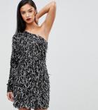 A Star Is Born Petite One Shoulder Mini Dress In 3d Embellishment - Black