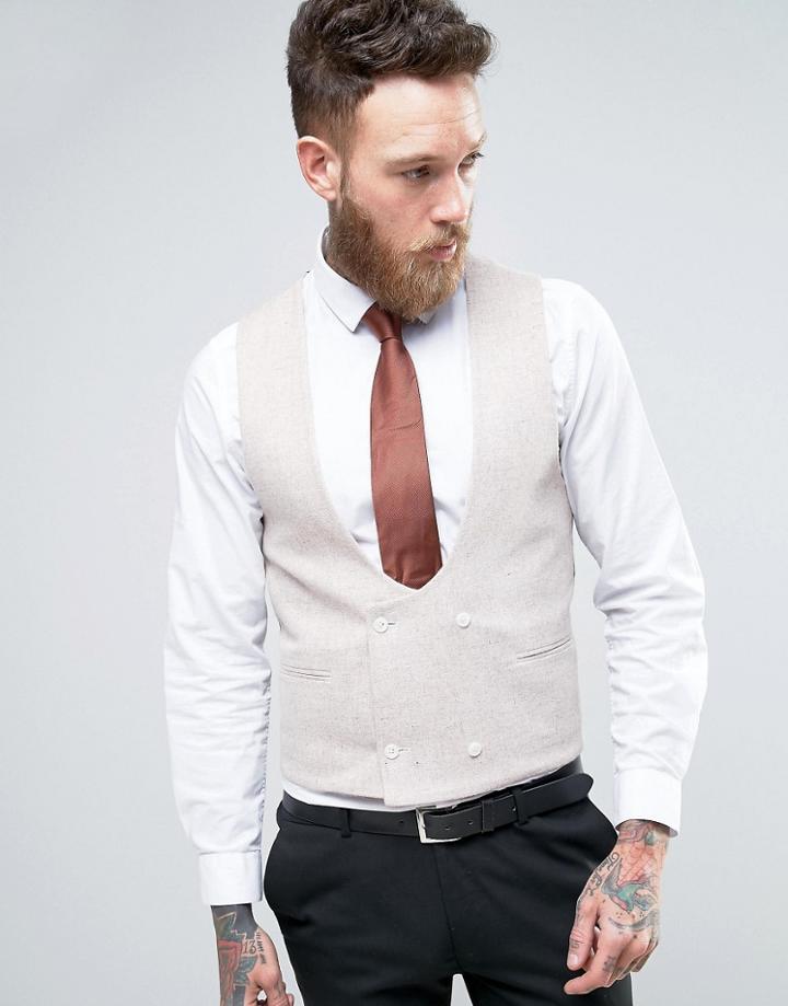 Asos Wedding Skinny Vest In Oatmeal Wool Blend - Beige