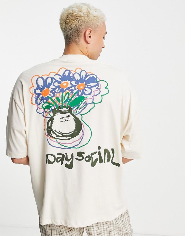 Asos Daysocial Oversized T-shirt With Back Scribble Graphic And Logo Chest Pocket In Ecru-white