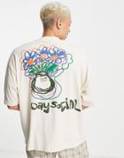 Asos Daysocial Oversized T-shirt With Back Scribble Graphic And Logo Chest Pocket In Ecru-white