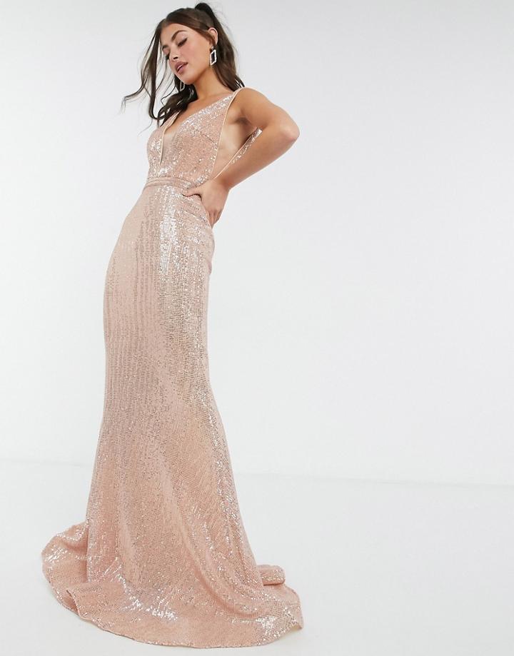 Jovani Notch Neck Bandeau Maxi Dress In Pink