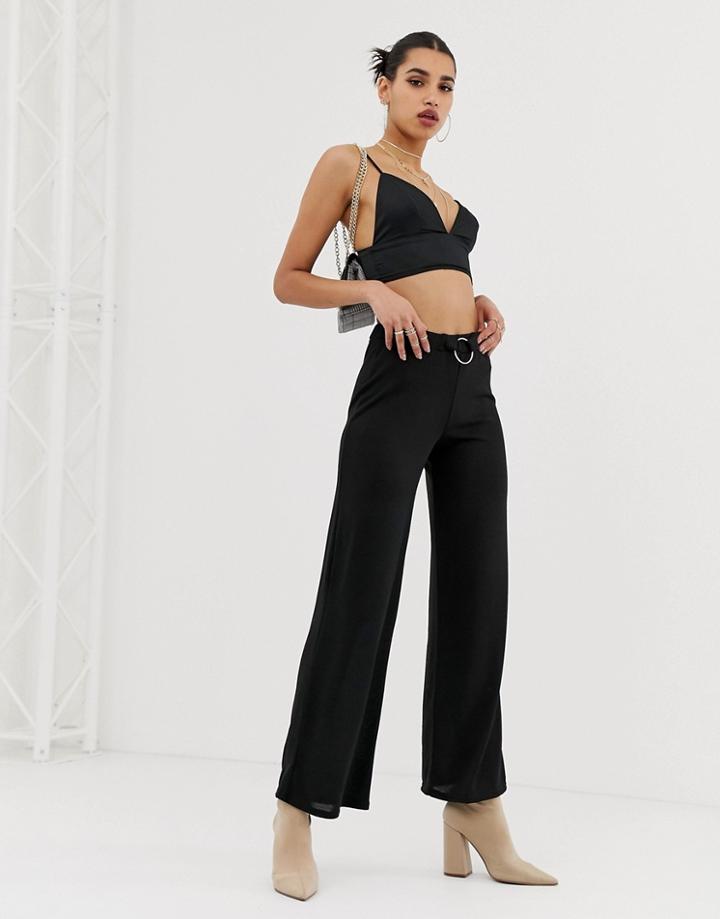 Boohoo Ring Detail Wide Leg Pants In Black - Black