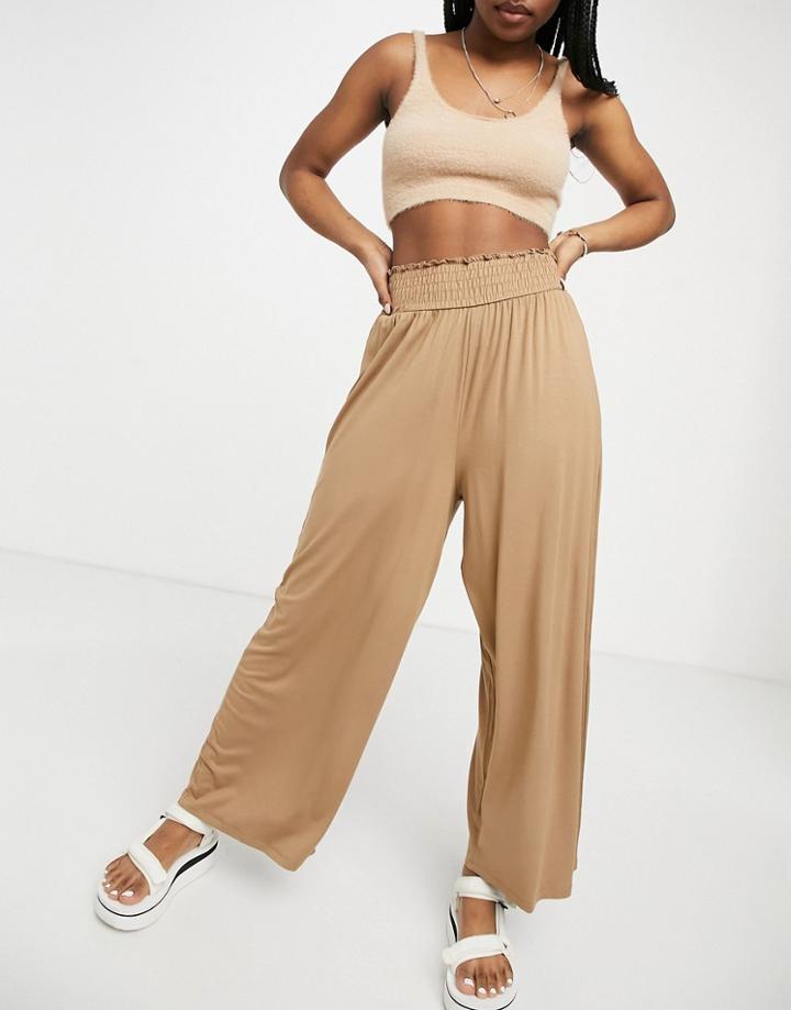 Asos Design Culotte Pants With Shirred Waist In Sand-neutral