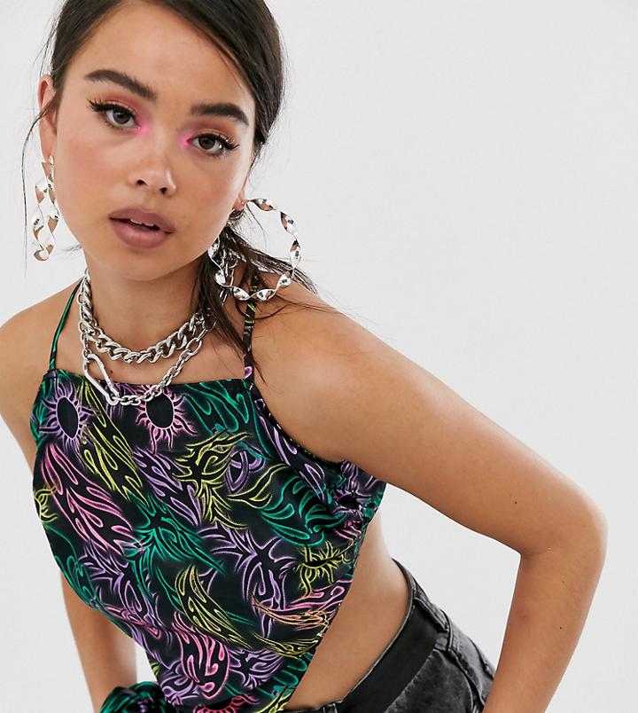 Collusion Scarf Tie Back Top In Bright Tattoo Print With Scrunchie-multi