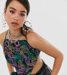 Collusion Scarf Tie Back Top In Bright Tattoo Print With Scrunchie-multi