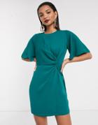Asos Design Twist Front Mini Dress With Angel Sleeve-green