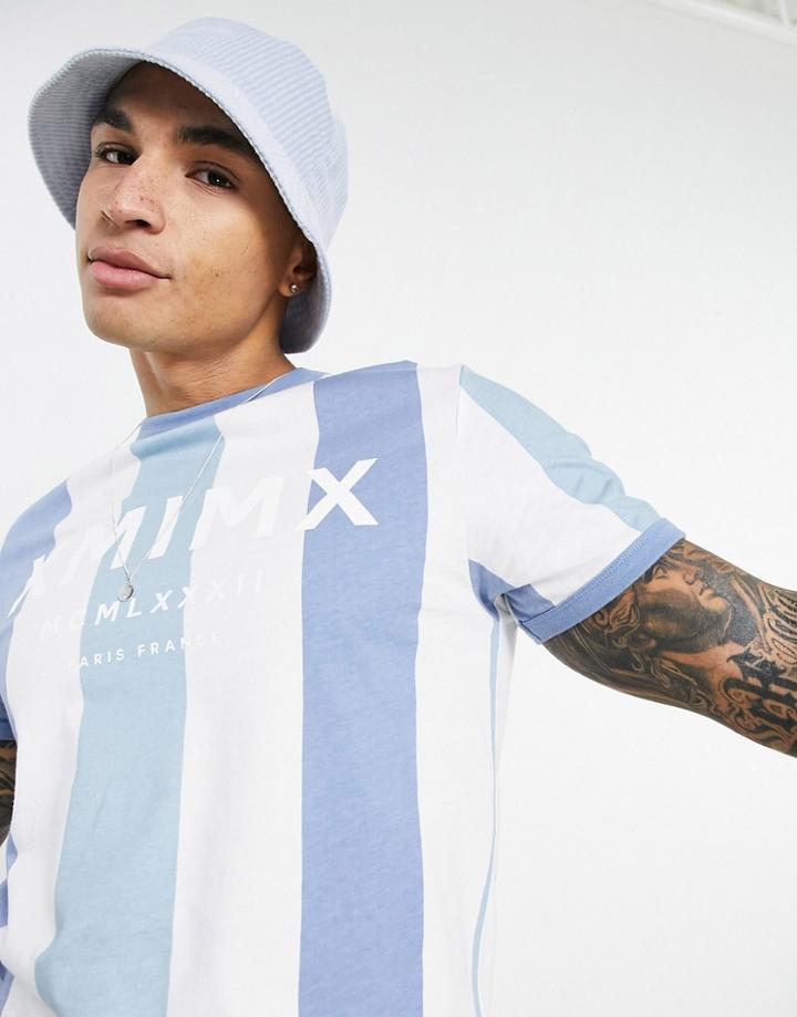 Asos Design Striped T-shirt In Blue With Roman Numeral Print-blues