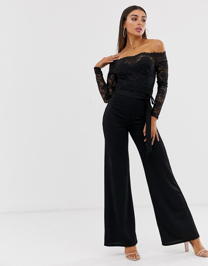 Club L London Lace Bardot Jumpsuit - Black