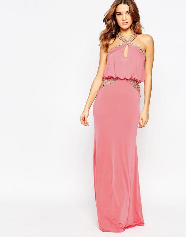Forever Unique Petra Maxi Dress With Embellished Trim - Coral