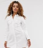 Asos Design Petite Denim Fitted Western Shirt Dress In White - White