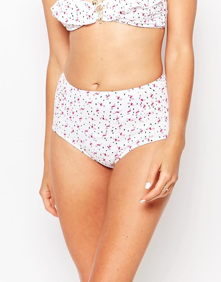 South Beach Flamingo Print High Waist Bikini Bottoms - White Flamingo