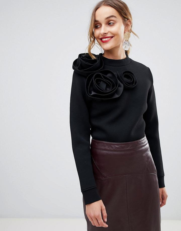 Lost Ink Top With 3d Flowers In Scuba - Black
