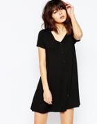 Asos Button Through Swing Dress With Short Sleeves - Black