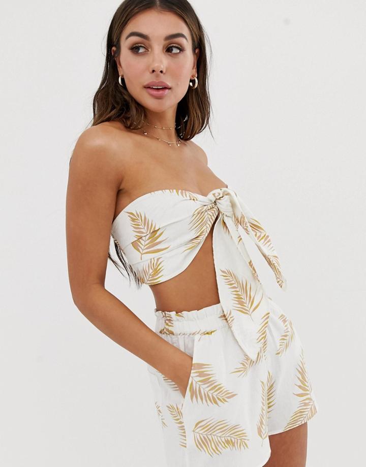 Billabong X Sincerely Jules Tie Front Beach Top In Leaf Print - Cream
