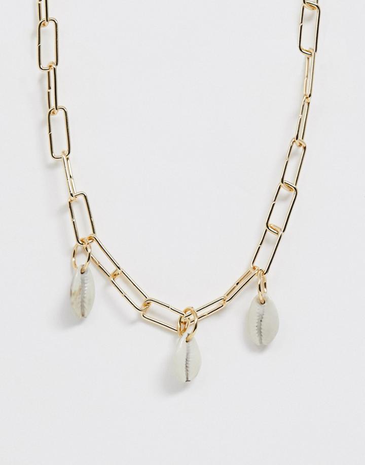 Asos Design Necklace In Square Open Link Chain With Faux Shell Pendants In Gold Tone - Gold