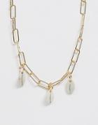 Asos Design Necklace In Square Open Link Chain With Faux Shell Pendants In Gold Tone - Gold