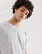 Asos Design Relaxed Longline T-shirt With All-over Iridescent Embellished Gems - Gray