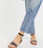 London Rebel Wide Fit Square Toe Studded Two Part Flat Sandals In Black