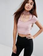 Asos Crop Top With Lace Up Choker Detail - Pink